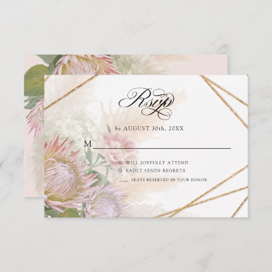 幾何エレガント金ゴールドフローラピンクプロテア結婚ズ 出欠カード (正面/裏面)