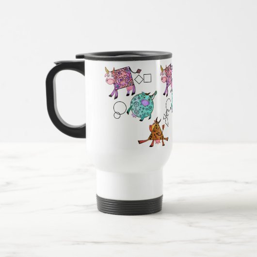 幾何カラフルの可愛い牛のおもしろタンブラー トラベルマグ (左)