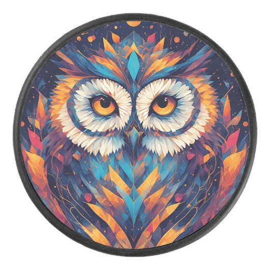 幾何カラフルフクロウ顔 アイスホッケーパック (正面)