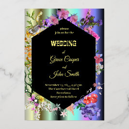 幾何カラフルフローラ縁ど 箔招待状