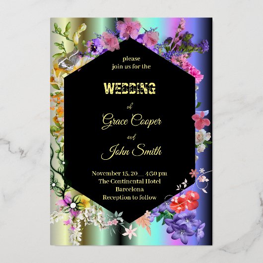 幾何カラフルフローラ縁ど 箔招待状 (正面)