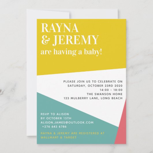 幾何カラフルモダンカップルの赤ちゃんシャワー 招待状 (正面)