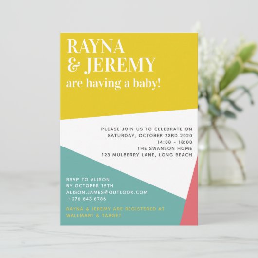 幾何カラフルモダンカップルの赤ちゃんシャワー 招待状 (スタンド正面)