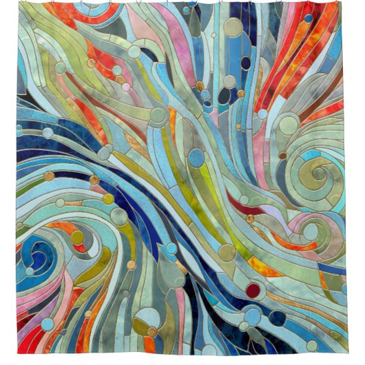 幾何カラフル抽象芸術モザイクアート シャワーカーテン (正面)