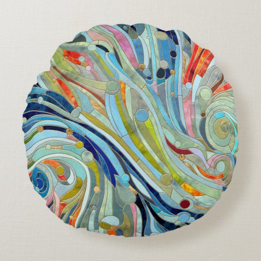 幾何カラフル抽象芸術モザイクアート ラウンドクッション (正面)