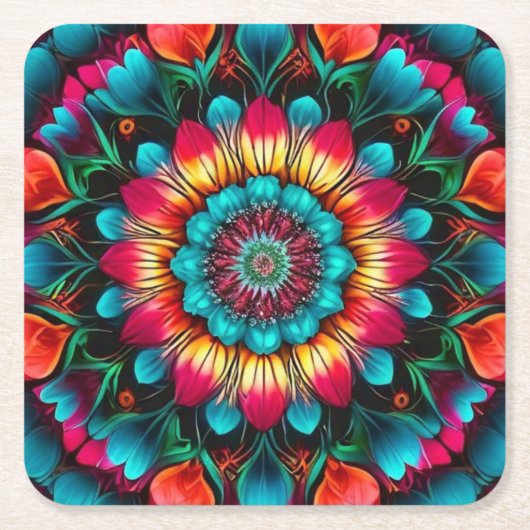 幾何カラフル曼荼羅パターン–342323 スクエアペーパーコースター (正面)