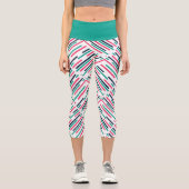 幾何カラフル線ブルーピンクティール（緑がかった色） カプリレギンス (正面)