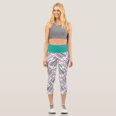 幾何カラフル線ブルーピンクティール（緑がかった色） カプリレギンス (正面)