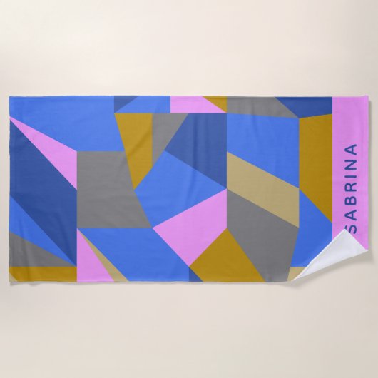 幾何カラフル色ブロックパターン名前をカスタムする ビーチタオル (正面)