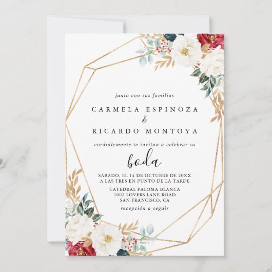 幾何クラシック金ゴールドブルガンディーホワイトフローラボーダ 招待状 (正面)