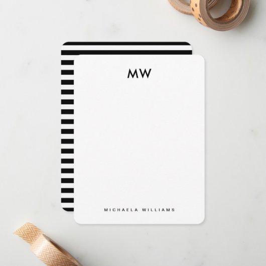 幾何ストライプモダンモノグラムのイニシャルと名前 ノートカード (正面/裏面インサイチュ)