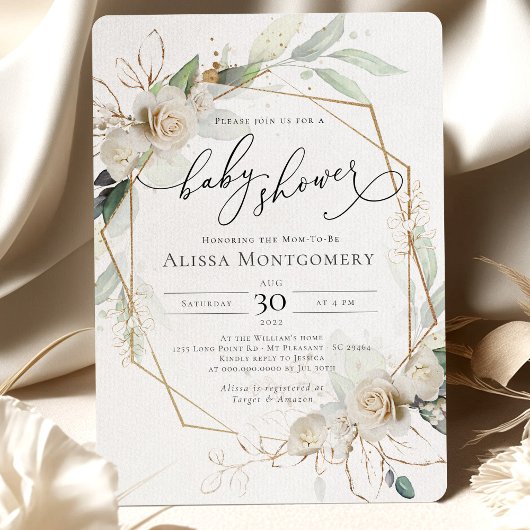 幾何ホワイトローゼベビーシャワー招待状 招待状