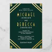 幾何ミニマルアールデコ結婚のエメラルド金ゴールド 箔招待状 (正面)