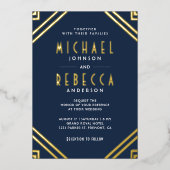 幾何ミニマルアールデコ結婚のネイビーブルー金ゴールド 箔招待状 (正面)