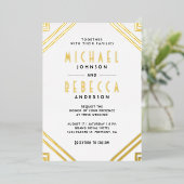 幾何ミニマルアールデコ結婚の白金ゴールド 箔招待状 (立ち正面)