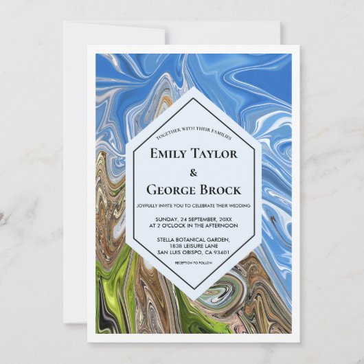 幾何ミニマルブルーグリーンアース結婚トーン 招待状 (正面)