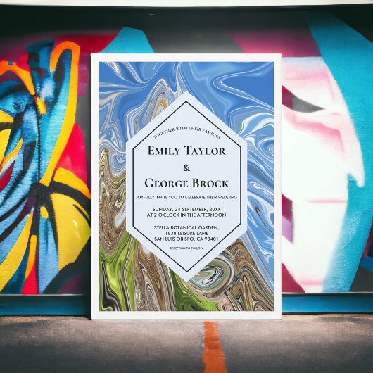 幾何ミニマルブルーグリーンアース結婚トーン 招待状