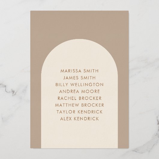 幾何ミニマル砂ベージュ結婚アーチ表N 箔招待状 (裏面)