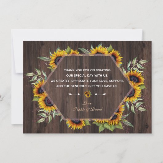 幾何モダンのヒマワリ結婚ウッド サンキューカード (裏面)