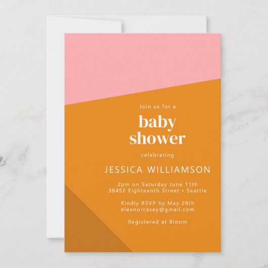 幾何モダンはっきりしたピンクオレンジかわいい赤ちゃんシャワー 招待状 (正面)