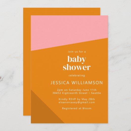 幾何モダンはっきりしたピンクオレンジかわいい赤ちゃんシャワー 招待状 (正面/裏面)