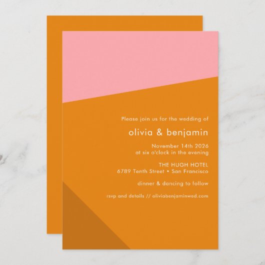幾何モダンはっきりしたピンク焦げオレン結婚ジ 招待状 (正面/裏面)
