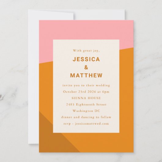 幾何モダンはっきりしたピンク焦げオレン結婚ジ 招待状 (正面)