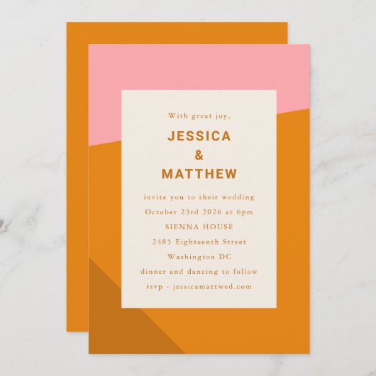 幾何モダンはっきりしたピンク焦げオレン結婚ジ 招待状 (正面/裏面)