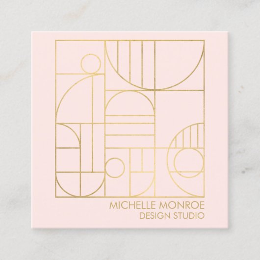 幾何モダンアールデコフェイク金ゴールド/ピンクデザイナー スクエア名刺 (正面)
