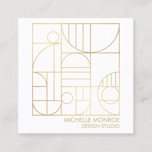 幾何モダンアールデコフェイク金ゴールド/ホワイトデザイナ スクエア名刺 (正面)