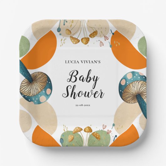 幾何モダンカラフルキノコの赤ちゃんシャワー ペーパープレート (正面)