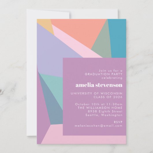 幾何モダンカラフル紫色の卒業パーティー 招待状 (正面)