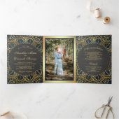 幾何モダングレー金ゴールドマンダラインディアン結婚ズ 三つ折り招待状 (内部)