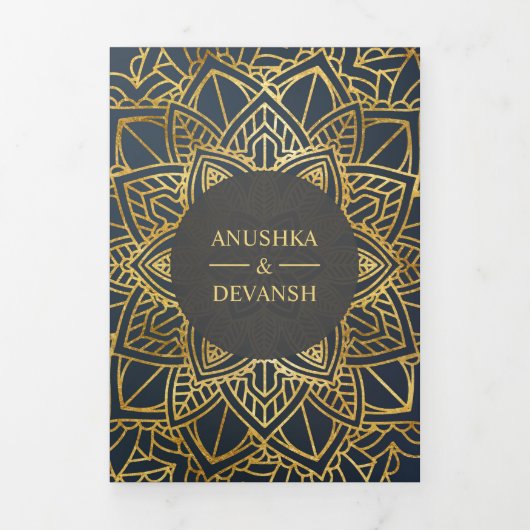 幾何モダングレー金ゴールドマンダラインディアン結婚ズ 三つ折り招待状 (カバー)