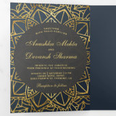 幾何モダングレー金ゴールドマンダラインディアン結婚ズ 三つ折り招待状 (内部最初)