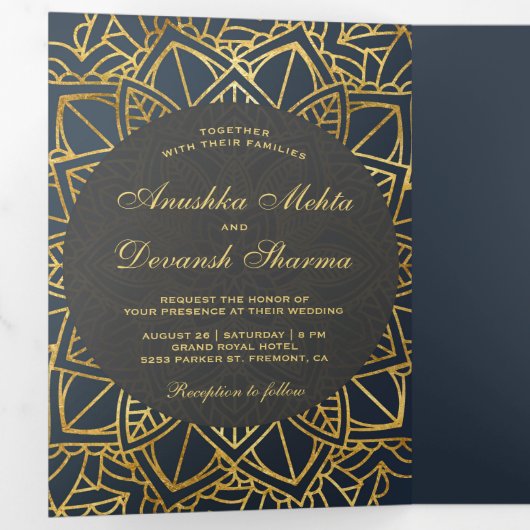 幾何モダングレー金ゴールドマンダラインディアン結婚ズ 三つ折り招待状 (内部最初)