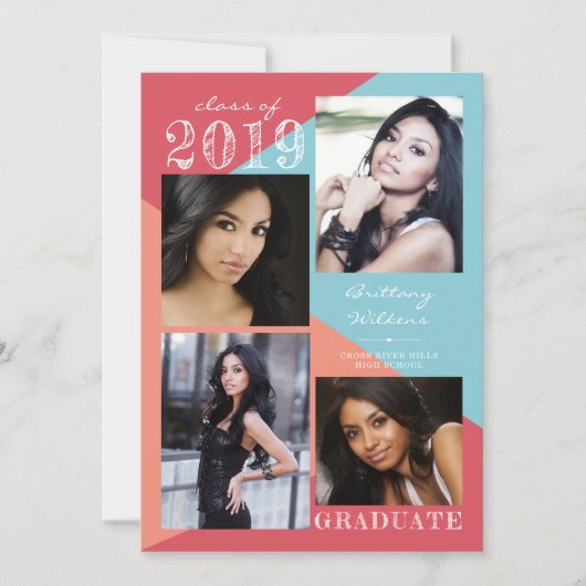 幾何モダンコーラルピーチ4写真卒業 案内状 (正面)