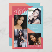 幾何モダンコーラルピーチ4写真卒業 案内状 (正面/裏面)
