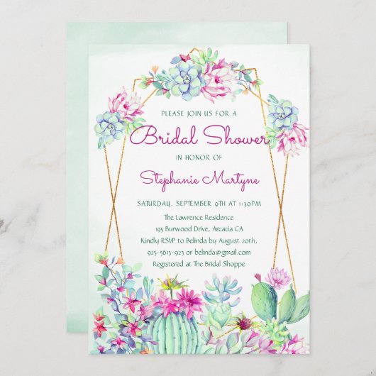 幾何モダンサボテン多肉ブライダルシャワー 招待状 (正面/裏面)