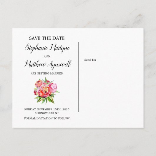 幾何モダンサンゴ牡丹の結婚式の日付を保存 案内ポストカード (裏面)