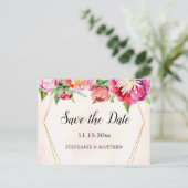 幾何モダンサンゴ牡丹の結婚式の日付を保存 案内ポストカード (スタンド正面)