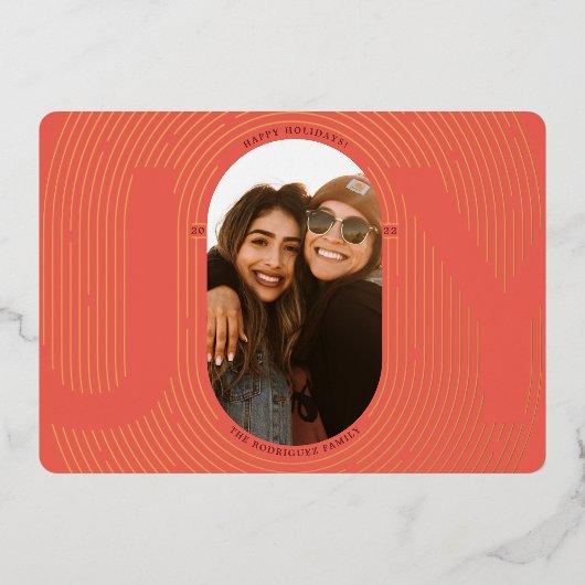 幾何モダンジョイオーバルアーチレッドと金ゴールド 箔シーズンカード (正面)