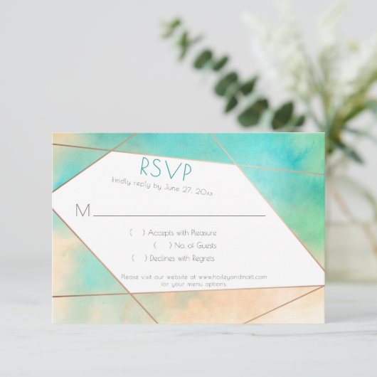 幾何モダンティール（緑がかった色）とピーチウォーター色RSVP 出欠カード (スタンド正面)