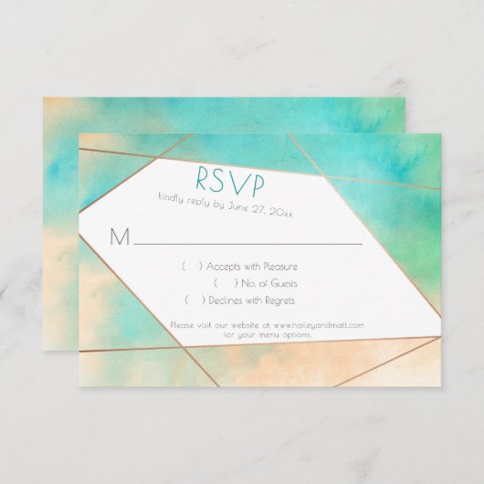 幾何モダンティール(緑がかった色)とピーチウォーター色RSVP 出欠カード (正面/裏面)