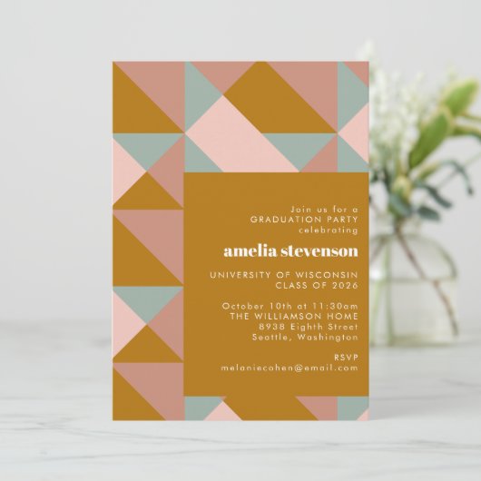 幾何モダンティール(緑がかった色)赤面金ゴールド卒業パーティー 招待状 (スタンド正面)