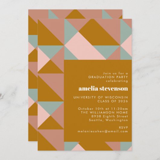 幾何モダンティール（緑がかった色）赤面金ゴールド卒業パーティー 招待状 (正面/裏面)