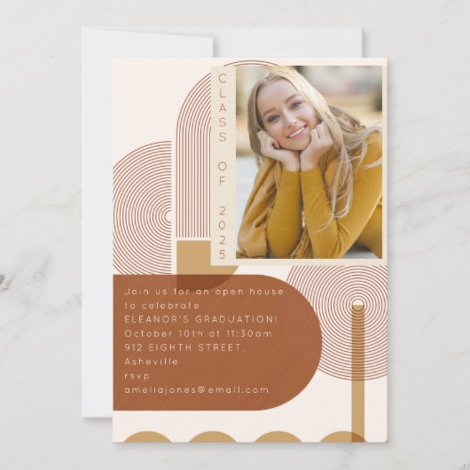 幾何モダンテラコッタ卒業パーティー写真 招待状 (正面)