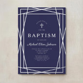幾何モダンネイビーブルーボーイバプティスシルバー 箔招待状
