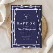 幾何モダンネイビーブルーボーイバプティスシルバー 箔招待状