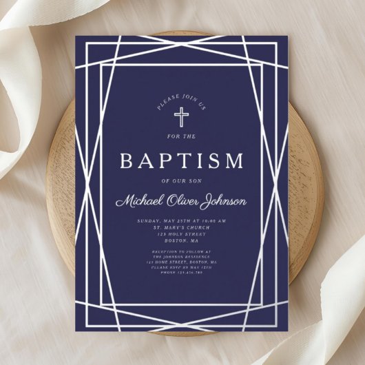 幾何モダンネイビーブルーボーイバプティスシルバー 箔招待状